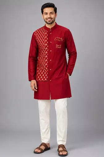 Maroon embroidered cotton silk kurta set