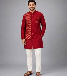 Maroon embroidered cotton silk kurta set