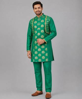 Parrot green printed chanderi kurta set 1