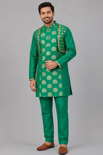 Parrot green printed chanderi kurta set