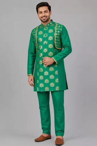Parrot green printed chanderi kurta set