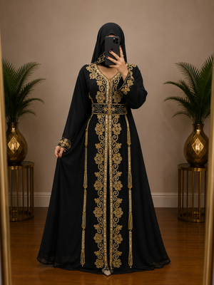 Black Gold Embroidered Moroccan Abaya Dress with Waist Belt 1