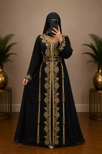 Black Gold Embroidered Moroccan Abaya Dress with Waist Belt