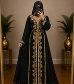 Black Gold Embroidered Moroccan Abaya Dress with Waist Belt