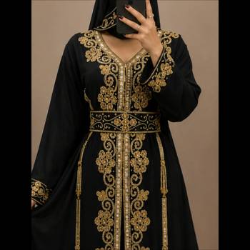 Black Gold Embroidered Moroccan Abaya Dress with Waist Belt 2