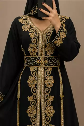 Black Gold Embroidered Moroccan Abaya Dress with Waist Belt