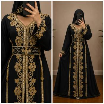 Black Gold Embroidered Moroccan Abaya Dress with Waist Belt 3