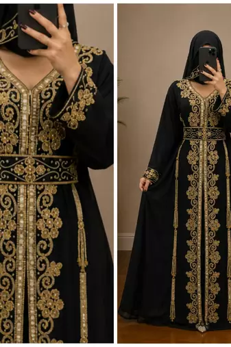 Black Gold Embroidered Moroccan Abaya Dress with Waist Belt