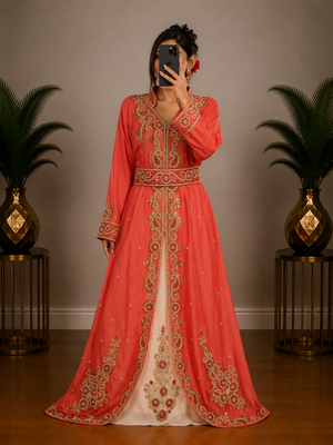 Peach Embroidered Moroccan Kaftan Dress with Belt 1