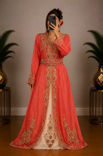 Peach Embroidered Moroccan Kaftan Dress with Belt