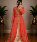 Peach Embroidered Moroccan Kaftan Dress with Belt