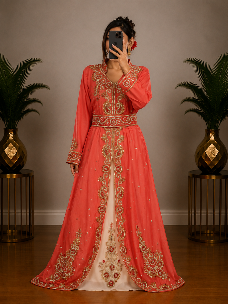 Peach Embroidered Moroccan Kaftan Dress with Belt