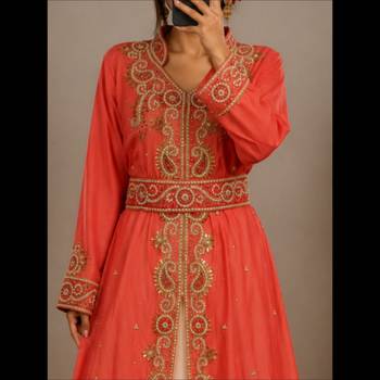 Peach Embroidered Moroccan Kaftan Dress with Belt 2