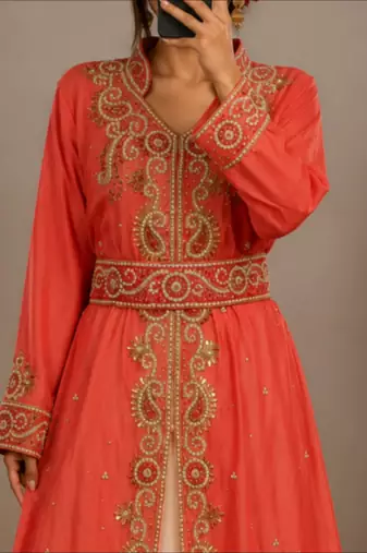 Peach Embroidered Moroccan Kaftan Dress with Belt