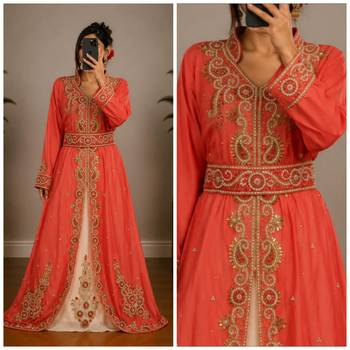 Peach Embroidered Moroccan Kaftan Dress with Belt 3