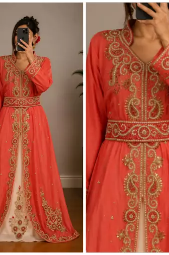 Peach Embroidered Moroccan Kaftan Dress with Belt