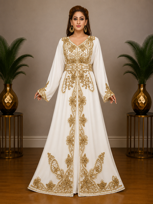 Elegant White & Golden Embroidered Anarkali Gown with Belt 1
