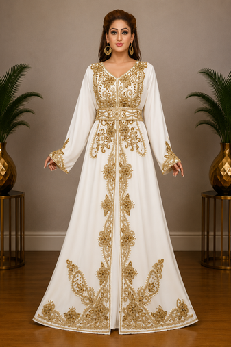 Elegant White & Golden Embroidered Anarkali Gown with Belt