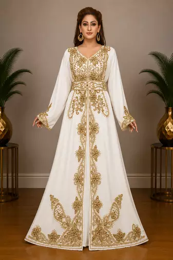 Elegant White & Golden Embroidered Anarkali Gown with Belt