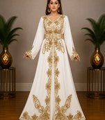 Elegant White & Golden Embroidered Anarkali Gown with Belt