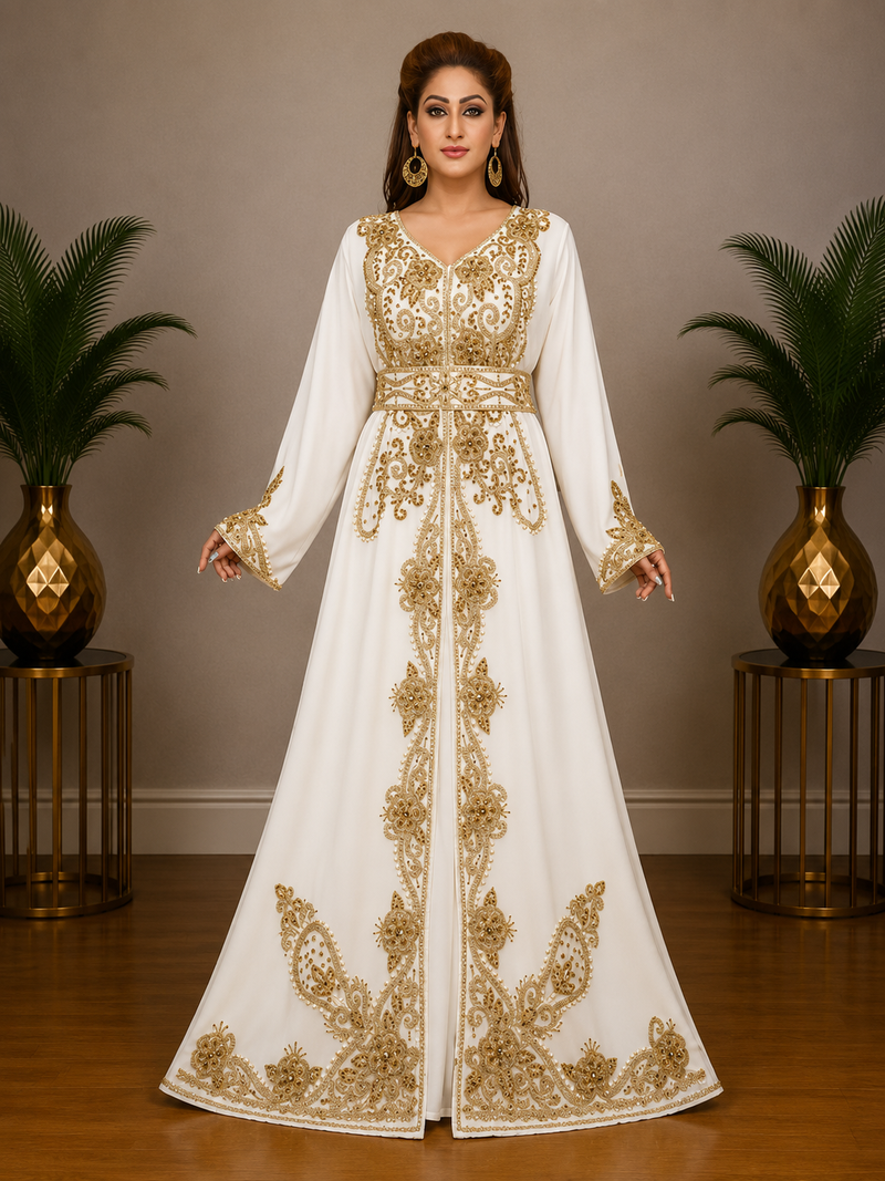 Elegant White & Golden Embroidered Anarkali Gown with Belt