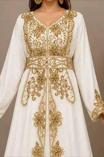 Elegant White & Golden Embroidered Anarkali Gown with Belt