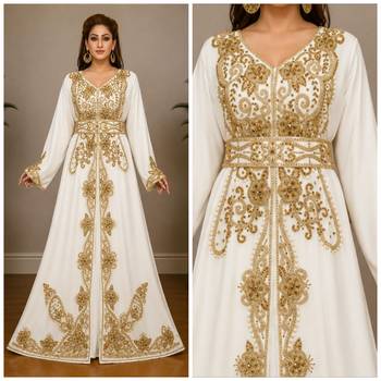 Elegant White & Golden Embroidered Anarkali Gown with Belt 3
