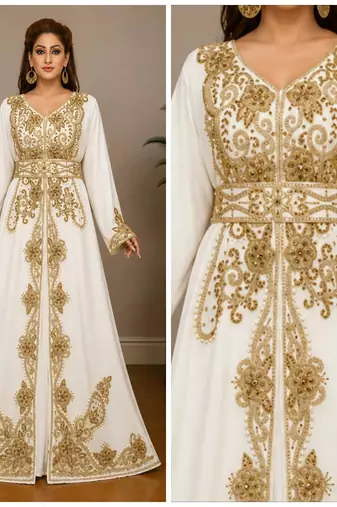Elegant White & Golden Embroidered Anarkali Gown with Belt