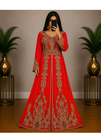 OrangeMoroccan Kaftan with Antique Gold Embroidery & Embellished Belt 1