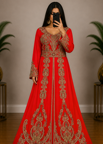 OrangeMoroccan Kaftan with Antique Gold Embroidery & Embellished Belt