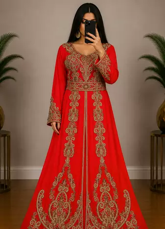 OrangeMoroccan Kaftan with Antique Gold Embroidery & Embellished Belt