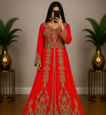 OrangeMoroccan Kaftan with Antique Gold Embroidery & Embellished Belt