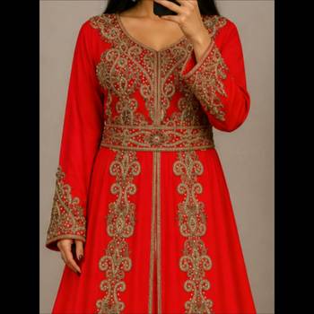 OrangeMoroccan Kaftan with Antique Gold Embroidery & Embellished Belt 2