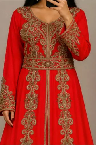 OrangeMoroccan Kaftan with Antique Gold Embroidery & Embellished Belt