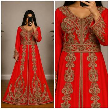 OrangeMoroccan Kaftan with Antique Gold Embroidery & Embellished Belt 3