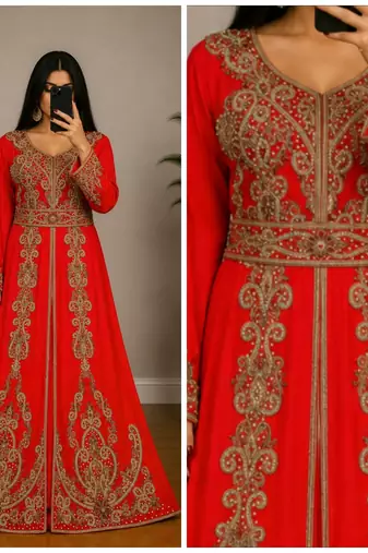 OrangeMoroccan Kaftan with Antique Gold Embroidery & Embellished Belt