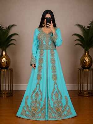sky blue Moroccan Kaftan with Antique Gold Embroidery & Embellished Belt 1