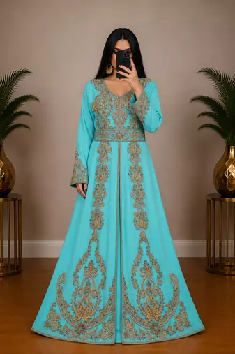 sky blue Moroccan Kaftan with Antique Gold Embroidery & Embellished Belt