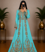 sky blue Moroccan Kaftan with Antique Gold Embroidery & Embellished Belt