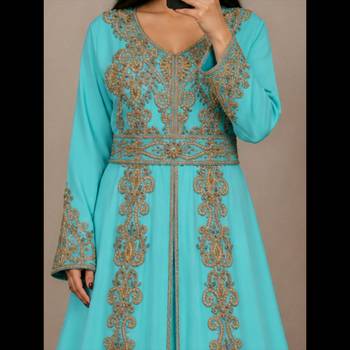 sky blue Moroccan Kaftan with Antique Gold Embroidery & Embellished Belt 2