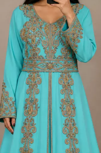sky blue Moroccan Kaftan with Antique Gold Embroidery & Embellished Belt