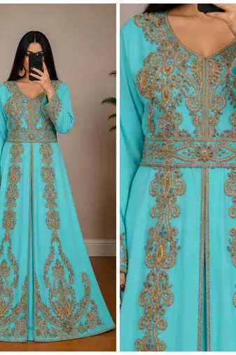 sky blue Moroccan Kaftan with Antique Gold Embroidery & Embellished Belt