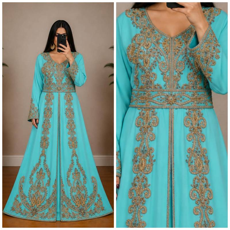 sky blue Moroccan Kaftan with Antique Gold Embroidery & Embellished Belt