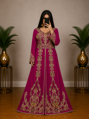 Rani pink Moroccan Kaftan with Antique Gold Embroidery & Embellished Belt 1