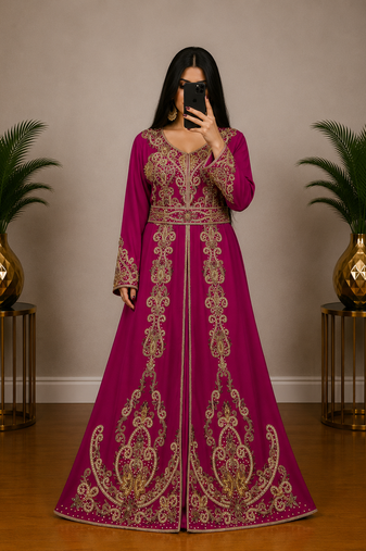 Rani pink Moroccan Kaftan with Antique Gold Embroidery & Embellished Belt