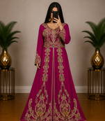 Rani pink Moroccan Kaftan with Antique Gold Embroidery & Embellished Belt