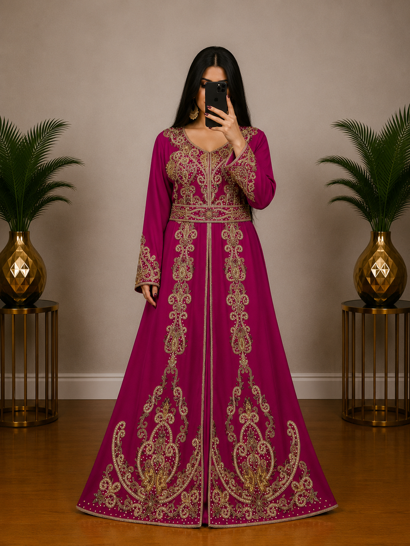 Rani pink Moroccan Kaftan with Antique Gold Embroidery & Embellished Belt