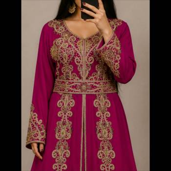 Rani pink Moroccan Kaftan with Antique Gold Embroidery & Embellished Belt 2