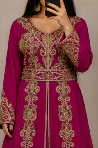 Rani pink Moroccan Kaftan with Antique Gold Embroidery & Embellished Belt