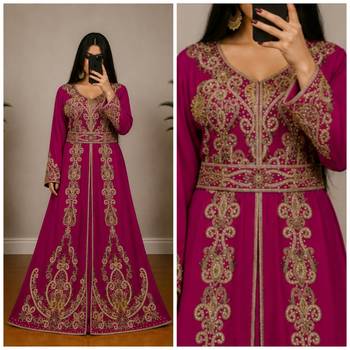 Rani pink Moroccan Kaftan with Antique Gold Embroidery & Embellished Belt 3